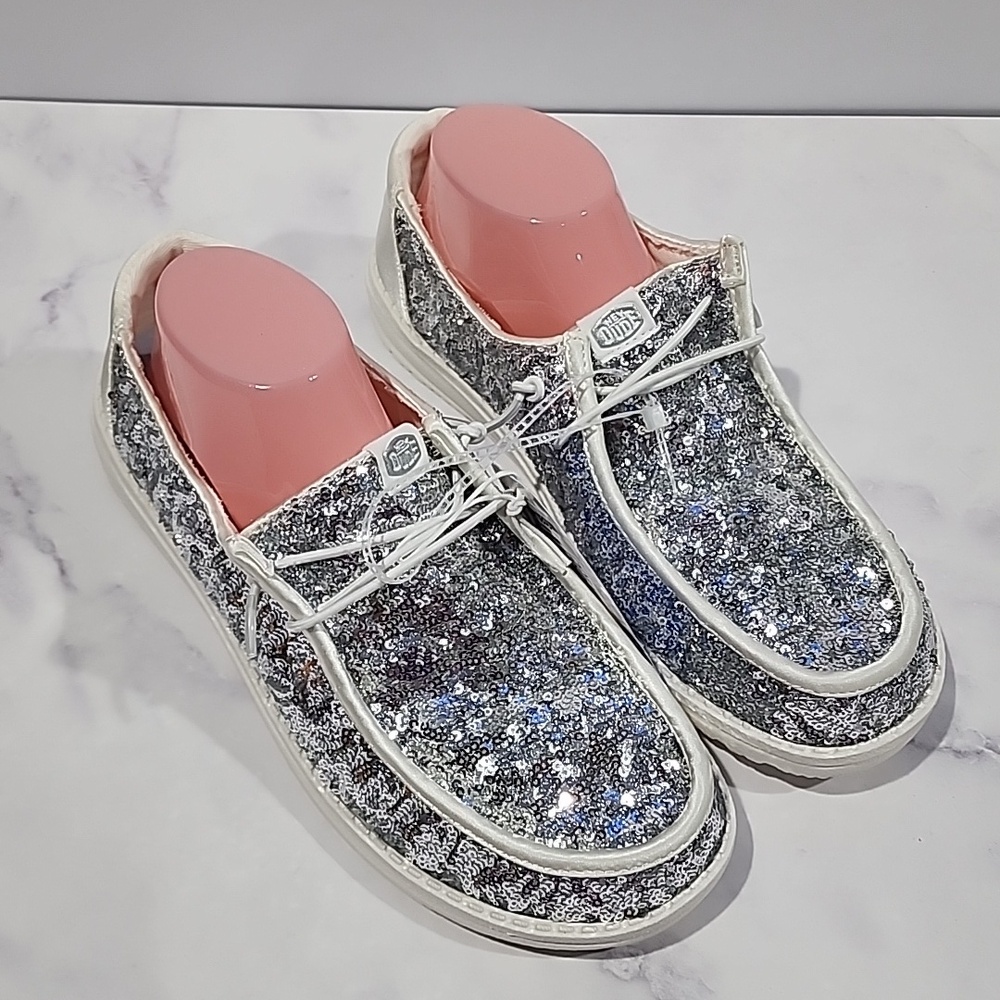 Hey Dude Silver Sequin Lace-Up Shoes